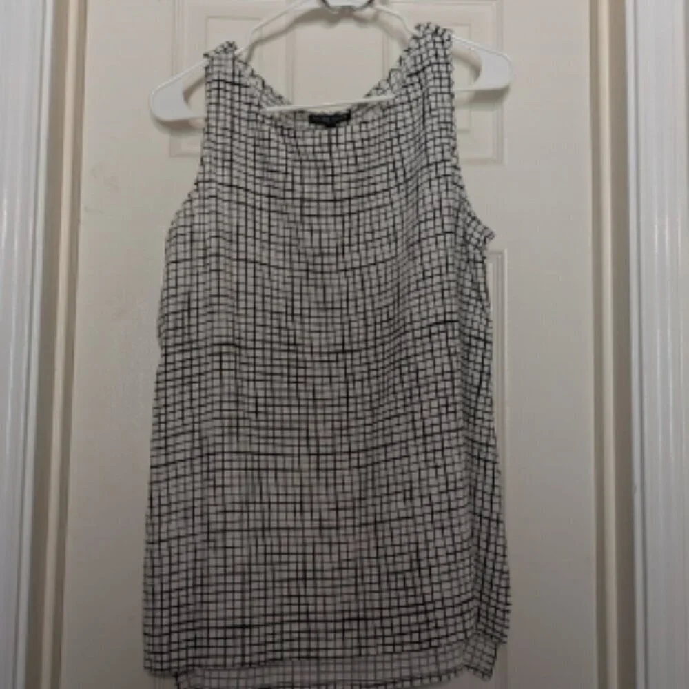 Eileen Fisher Textured Crepe Grid Long Shell Black &White Sleeveless Tank Top - Picture 7 of 9